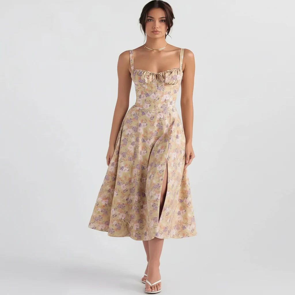 Linsay Blumenkleid – Midi-Kleid Mit Korsett & Seitenschlitz