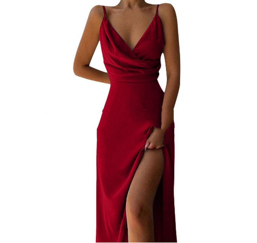 V-Neck Slit Sling Dress Summer Fashion Sexy Slim Suspender Dresses for Women Clothing